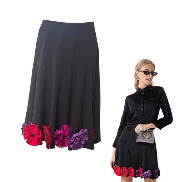 VTG. Y2K SUNNY LEIGH BLACK FLOWER APPLIQUE 3D MIDI SKIRT SZ. 6 MEDIUM - Picture 3 of 6